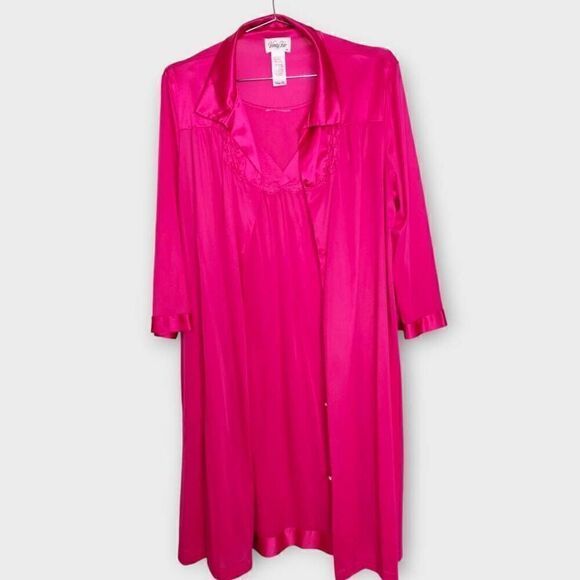 Vanity Fair Womens‎ Robe Nightgown Sz Medium Hot Pink Set Nylon Vtg Midi Knee - Picture 1 of 12